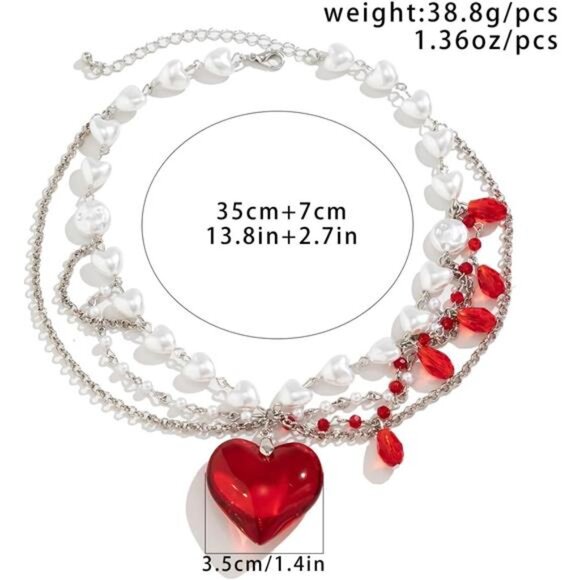 Layered Chunky Puffy Heart Choker Necklace Cute Y2k Necklace Red Crystal Heart - Picture 5 of 7